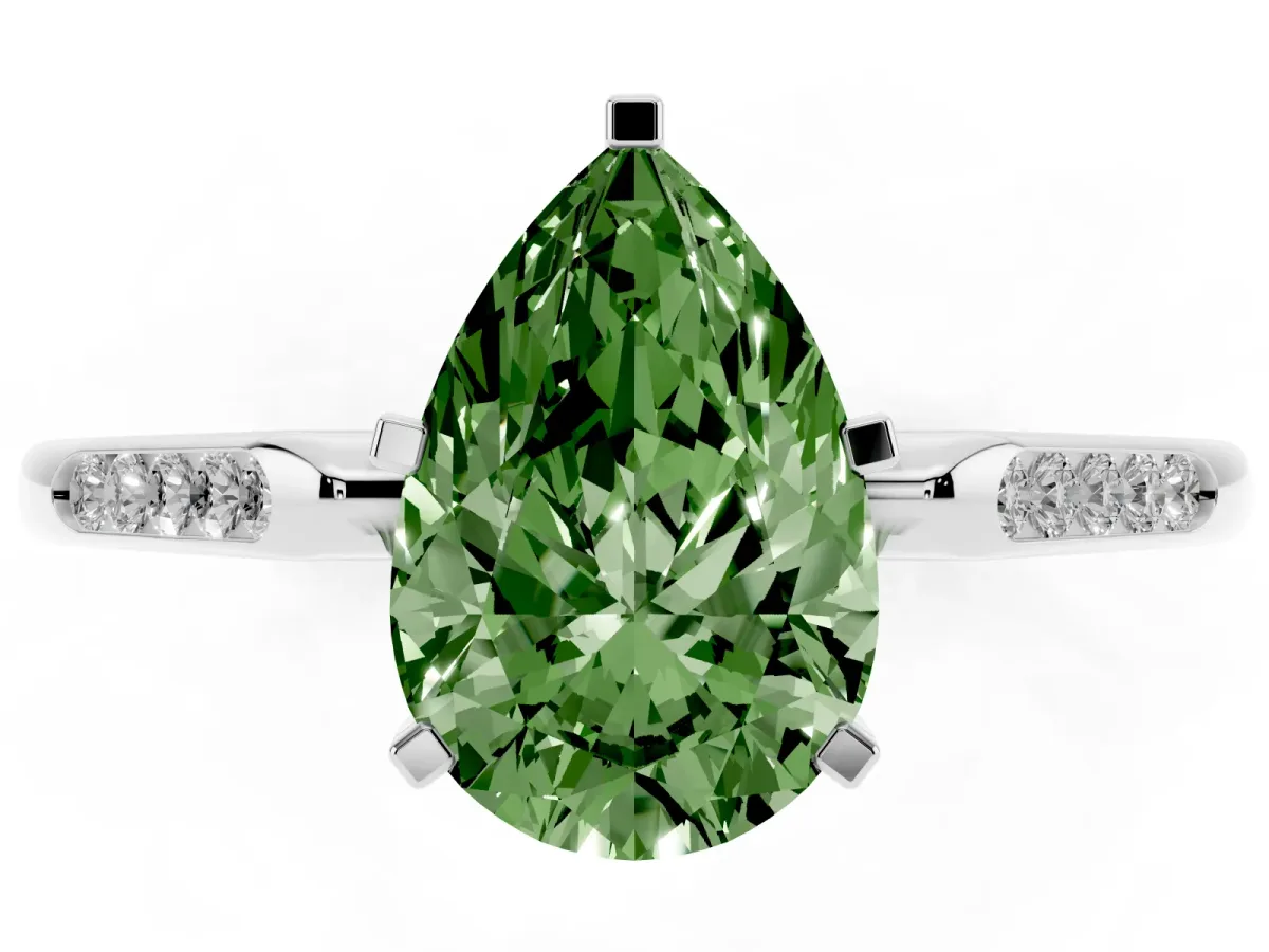 Fancy Green Pear Cut Diamond Solitaire Ring with Channel Set Round Band and Prong Setting Silver
