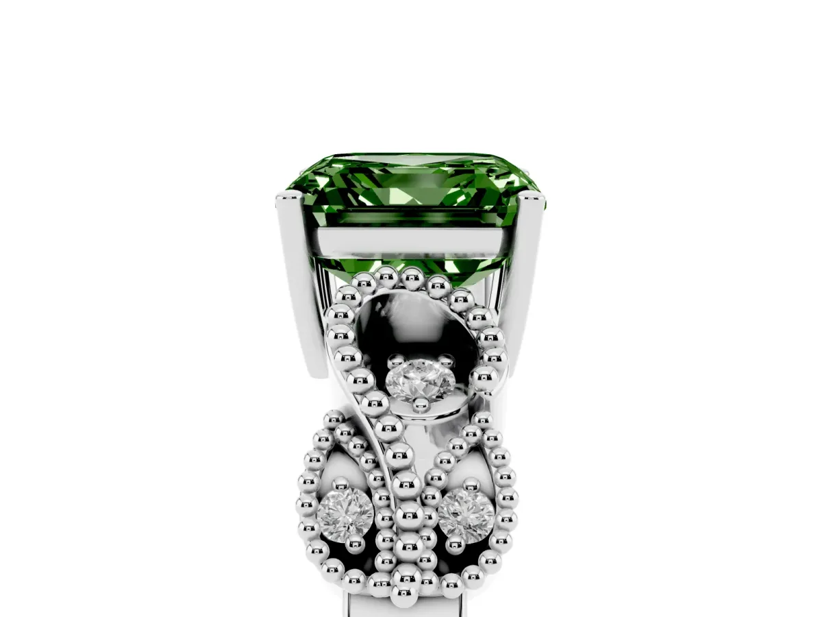 Fancy Green Asscher Cut Solitaire Milgrain Leaf Band with Prong Setting Platinum