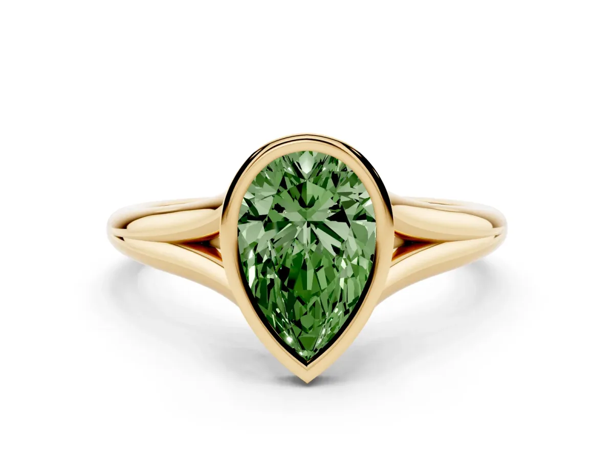 Fancy Green Bezel Set Pear Cut Cut Solitaire Ring with Tapered Band Yellow gold