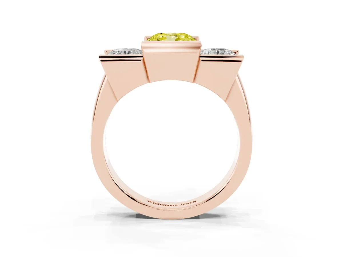 Fancy Yellow Three Stone Cushion Cut Cut Channel Set Diamond Ring Rose gold