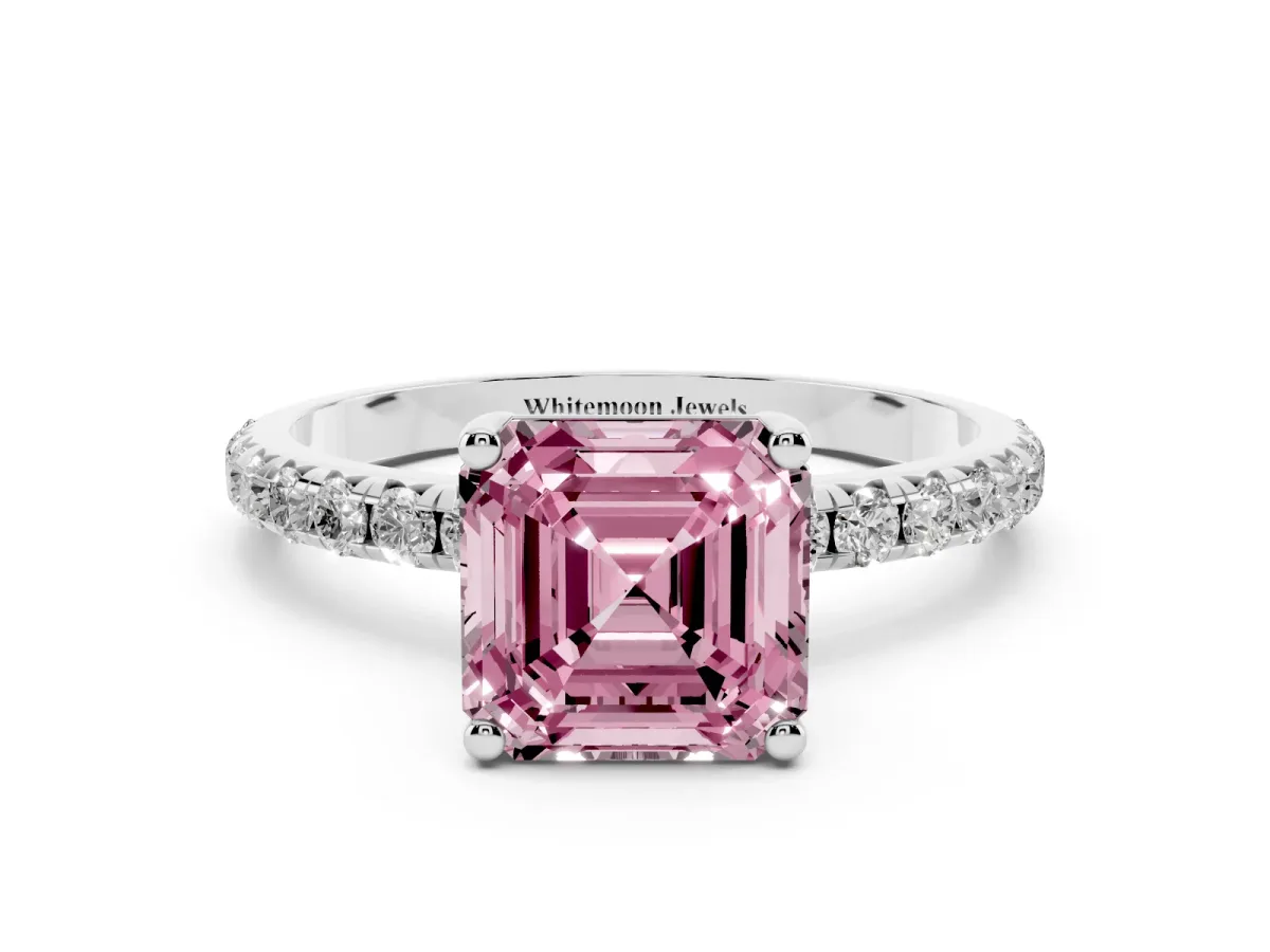 Fancy Pink Asscher Cut Cut Diamond Solitaire Ring with Micro Pave Band and Four Prong Setting Silver