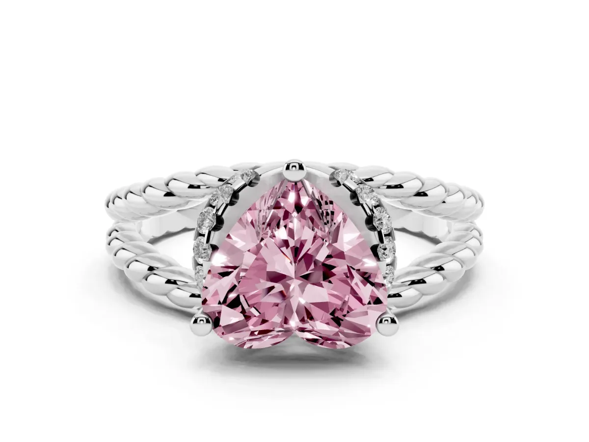 Fancy Pink Heart Cut Halo Twisted Band Four-Prong Ring Silver