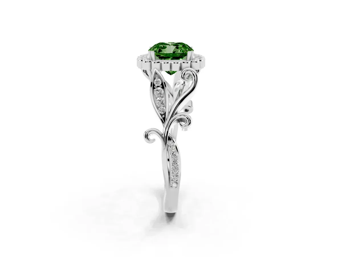 Fancy Green Cushion Cut Diamond Halo Ring with Vintage Split Shank and Four-Prong Setting Silver