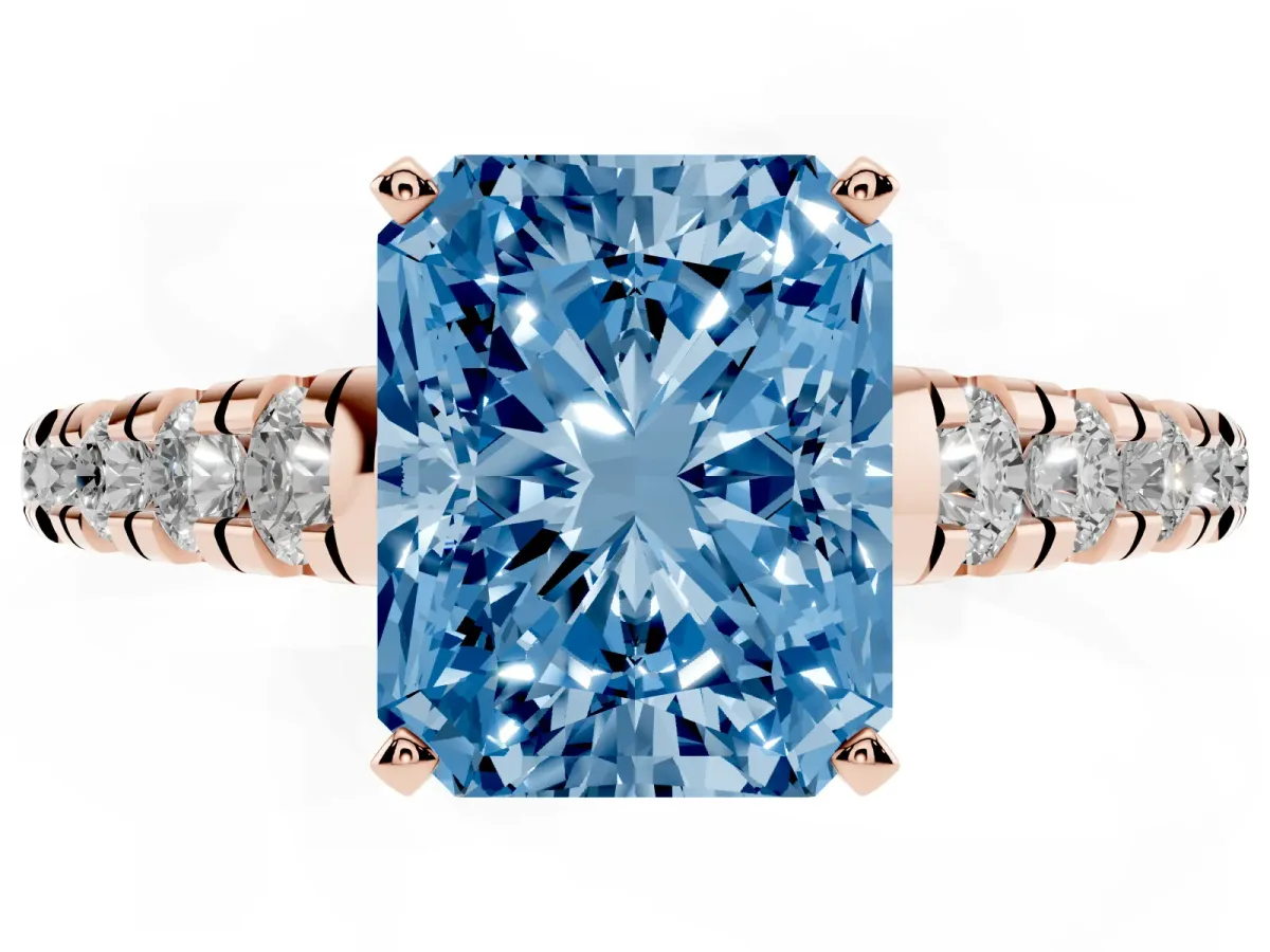 Fancy Blue Radiant Cut Diamond Cathedral Solitaire Ring with Round Pavé Band Rose gold