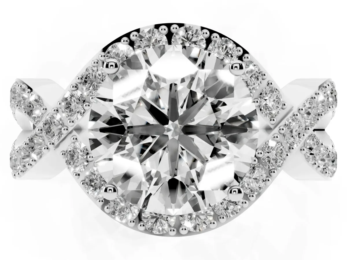 Round Cut Solitaire Twist Band Pavé Diamond Engagement Ring Silver