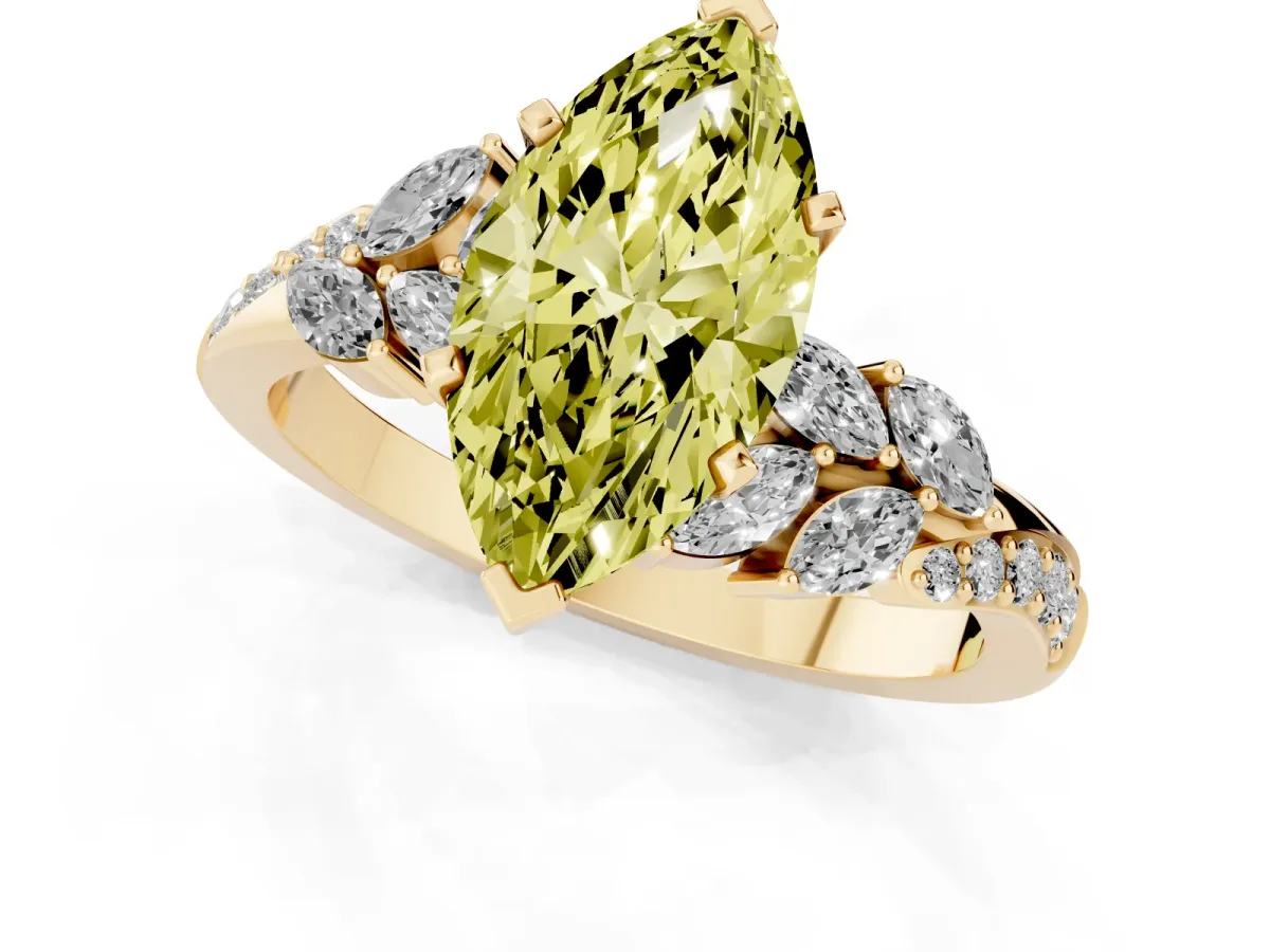 Fancy Yellow Marquise Cut Solitaire Marquise Twist Band with Six-Prong Setting Yellow gold