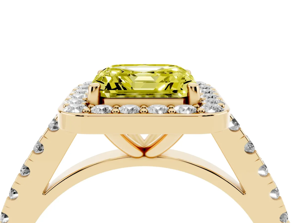 Fancy Yellow Asscher Cut Diamond Halo Ring with Round Pavé Split Shank and Prong Setting Yellow gold