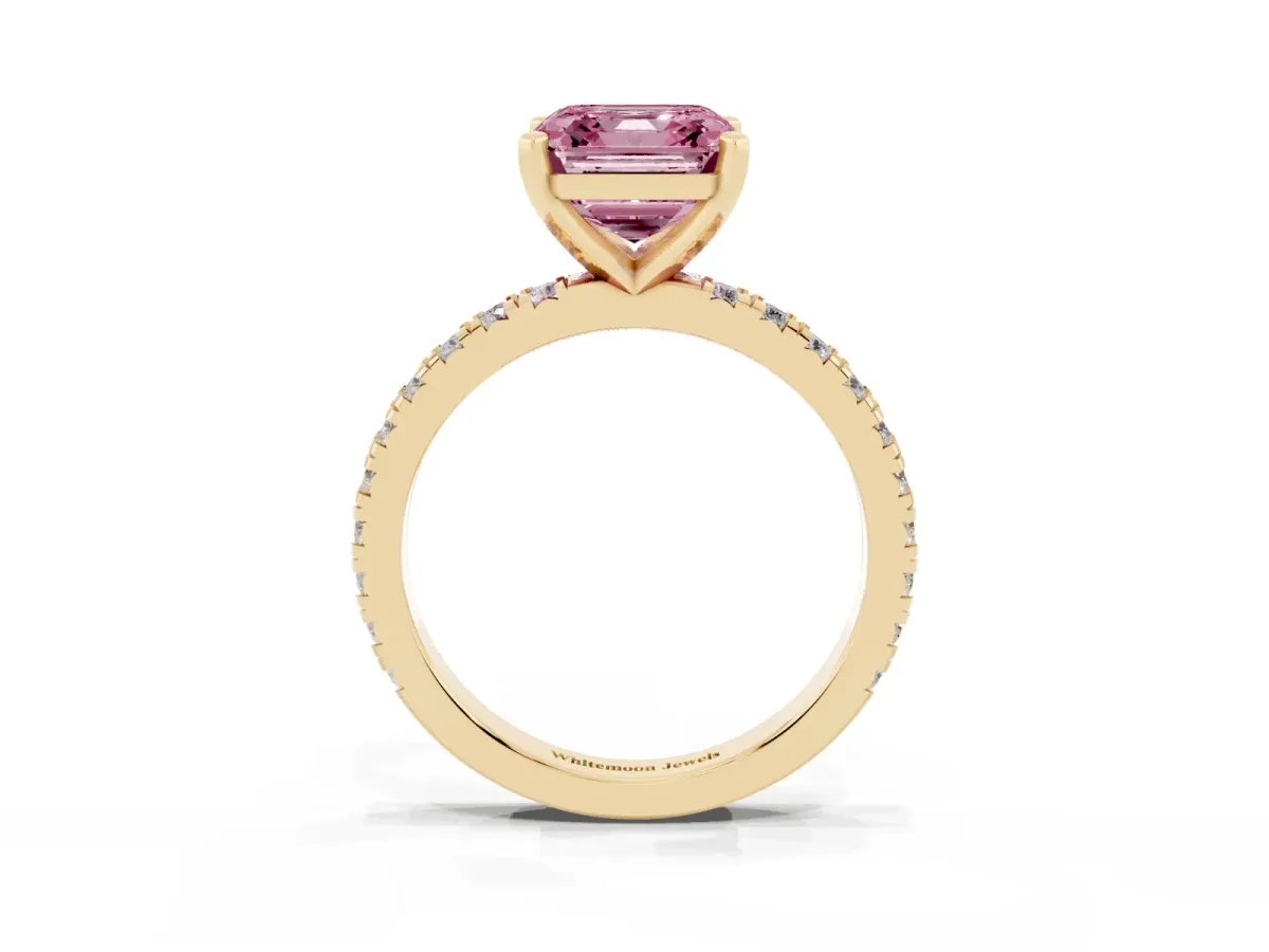 Fancy Pink Asscher Cut Diamond Pavé Band Solitaire with Four-Prong Setting Yellow gold