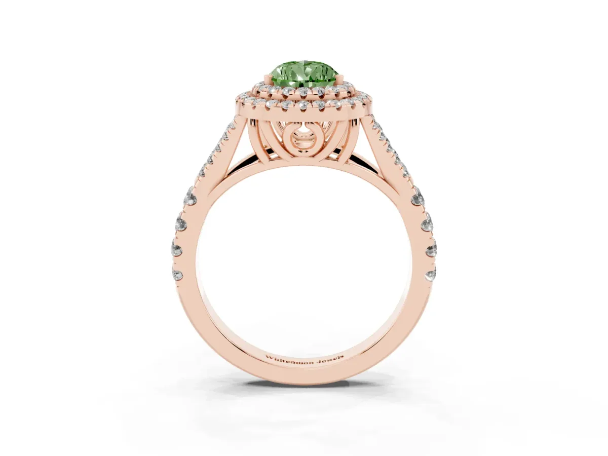 Fancy Green Double Halo Pear Cut Diamond Split Shank Engagement Ring with Four-Prong Setting Rose gold