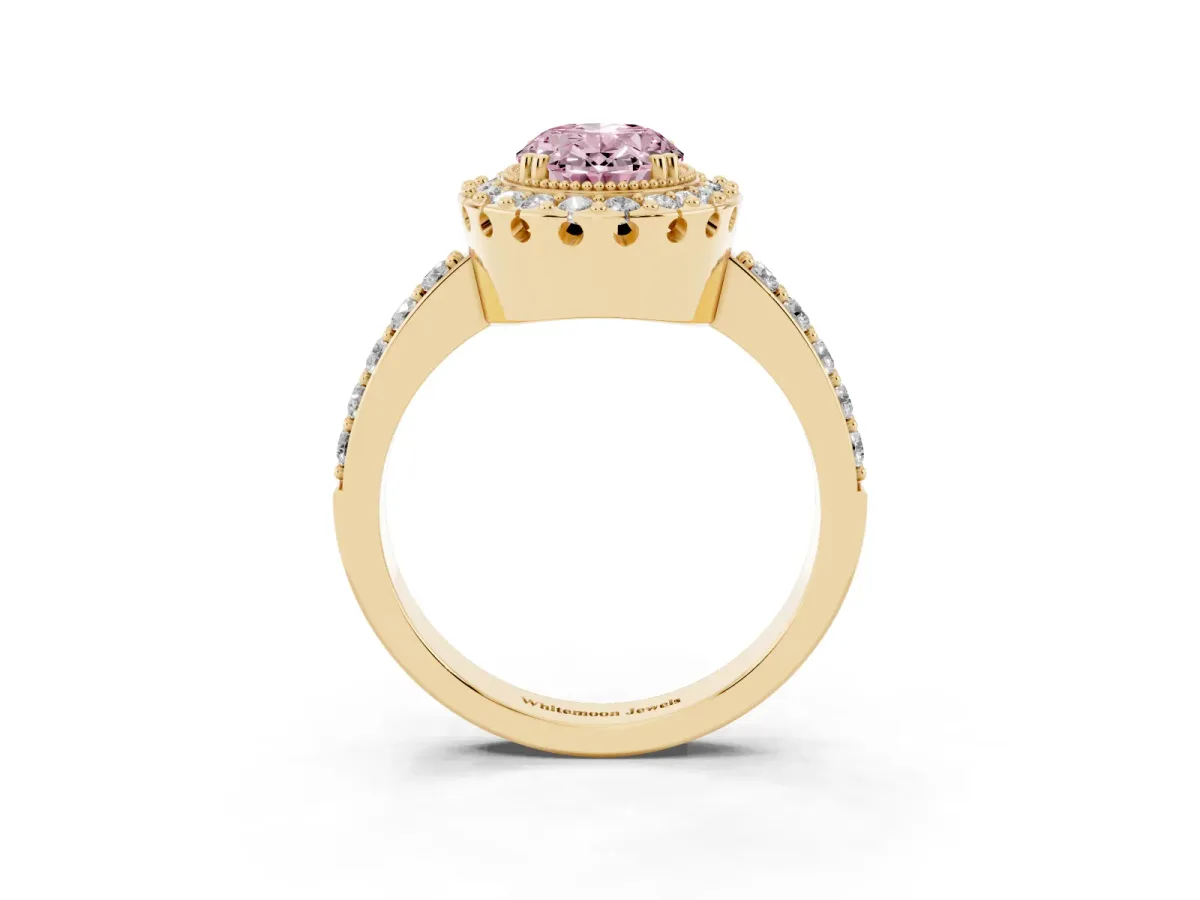 Fancy Pink Oval Cut Diamond Halo Ring with Pavé Band and Prong Setting Yellow gold