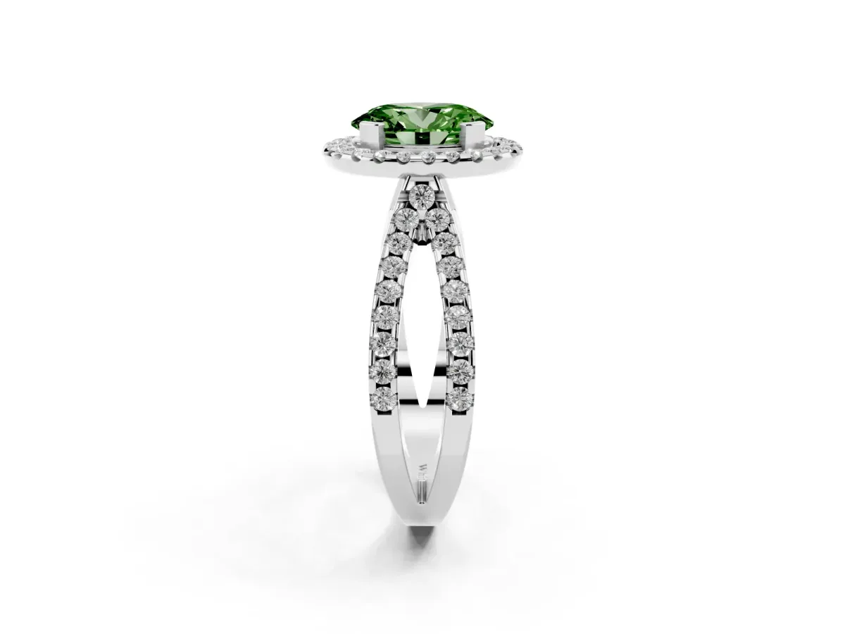 Fancy Green Oval Cut Diamond Halo Ring with Split Shank Pavé Band and Prong Setting Silver