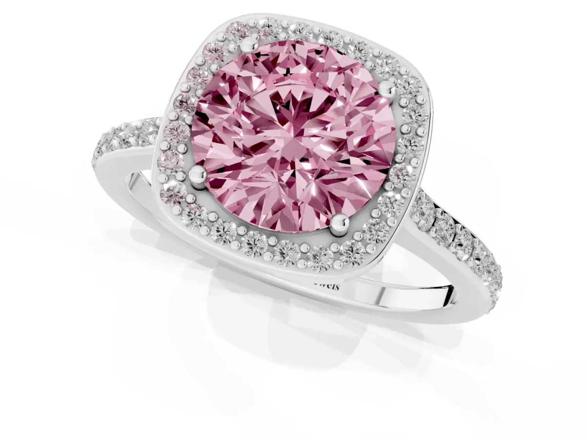 Fancy Pink Round Cut Diamond Halo Engagement Ring with Round Pavé Shoulders and Prong Setting White gold