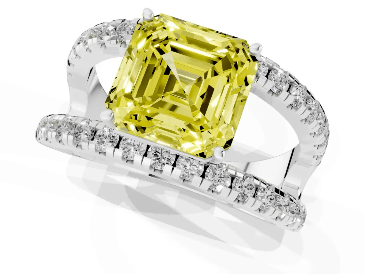 Fancy Yellow Asscher Cut Solitaire Split Shank Pave Diamond Ring Silver