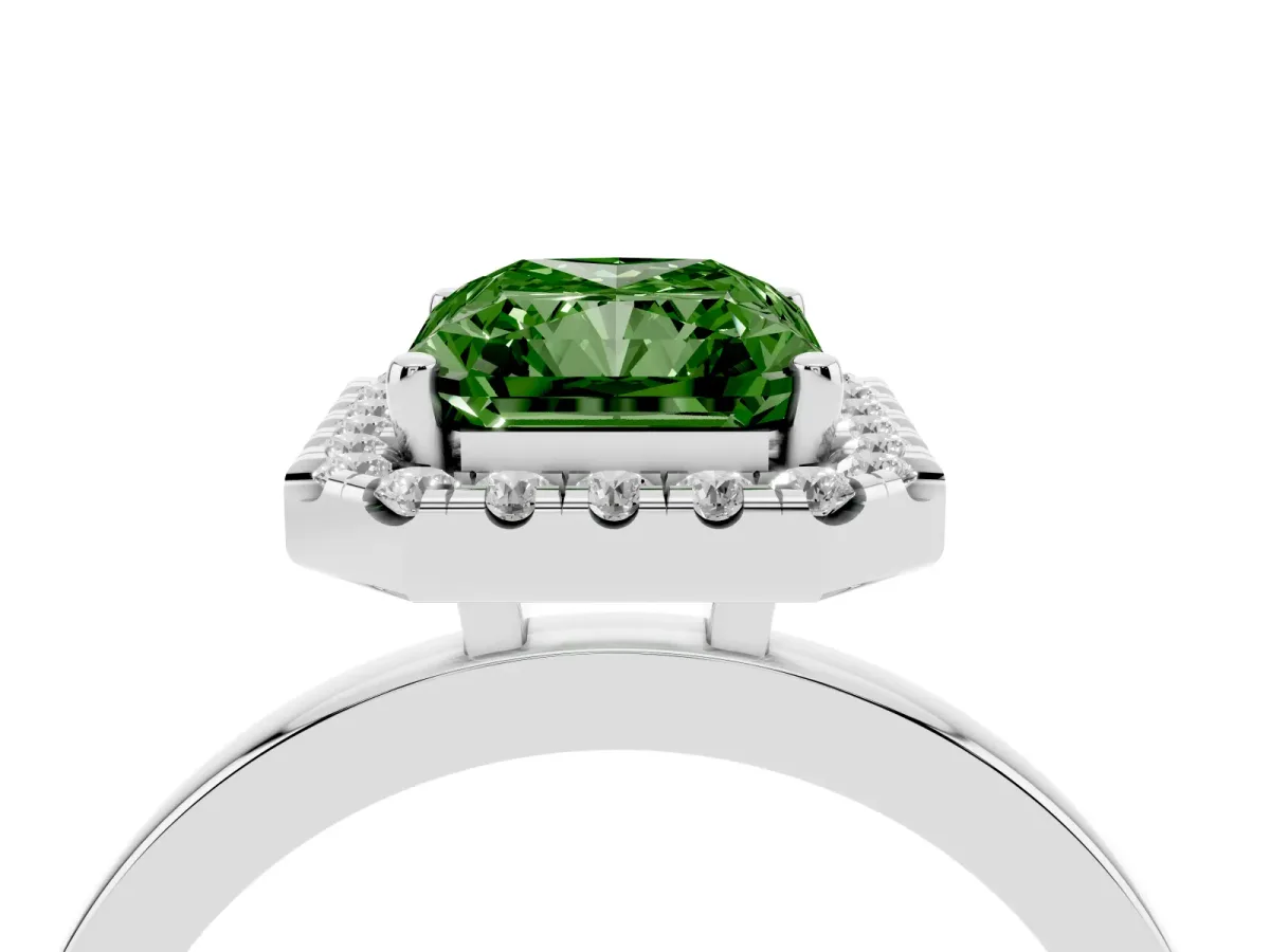 Fancy Green Radiant Cut Halo Diamond Solitaire with Pavé Band and Four-Prong Setting Platinum