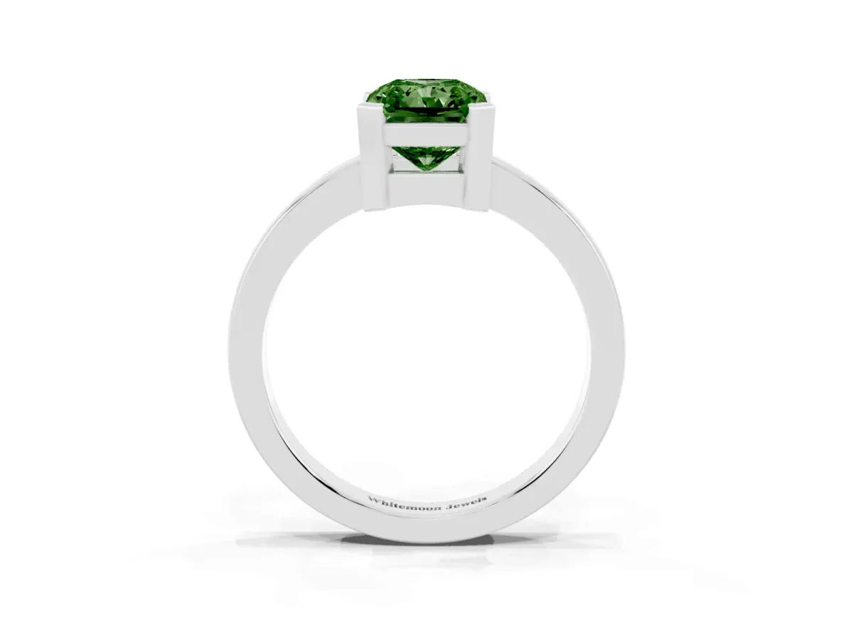 Fancy Green Radiant Cut Cut Solitaire Ring with Four-Prong Setting and Classic Band Silver