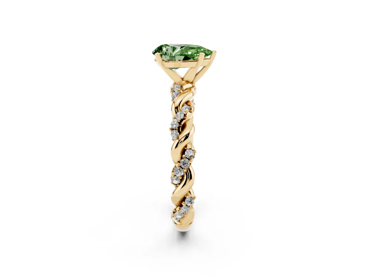 Fancy Green Pear Cut Diamond Solitaire Ring with Twisted Band and Pavé Accents Yellow gold