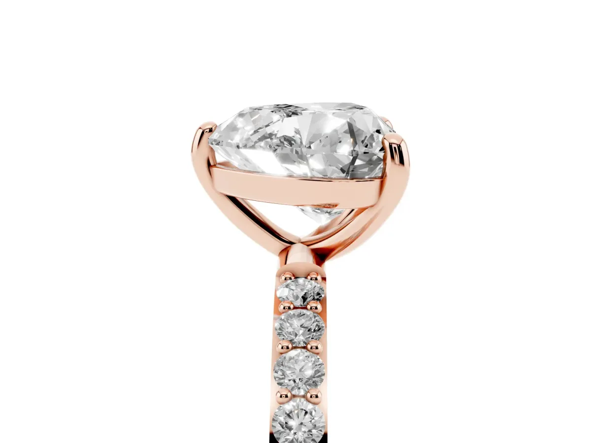 Heart Cut Diamond Solitaire Ring with Round Pavé Band and Prong Setting Rose gold