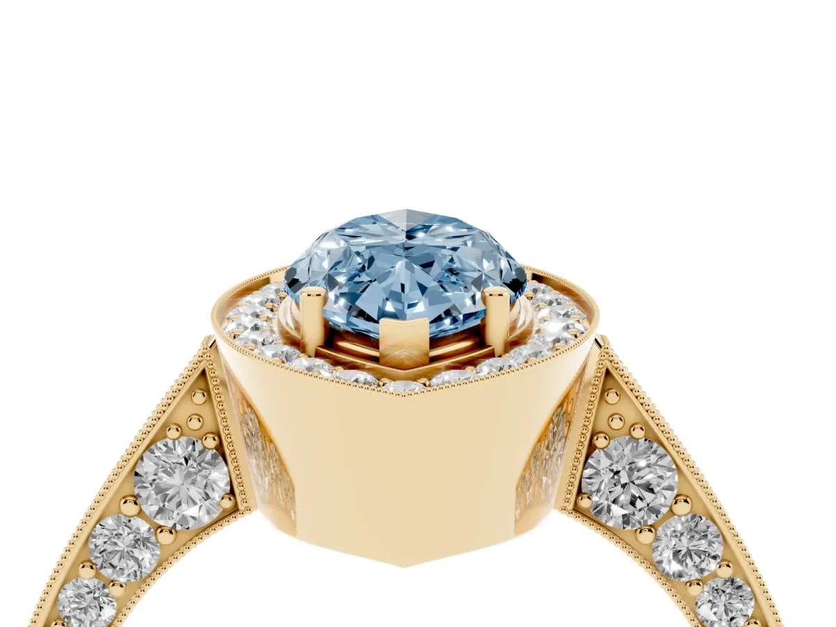 Fancy Blue Marquise Cut Halo Diamond Engagement Ring with Split Shank Band and Four-Prong Setting Yellow gold