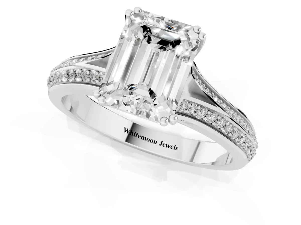 Emerald Cut Diamond Split Shank Engagement Ring with Pavé Band Silver