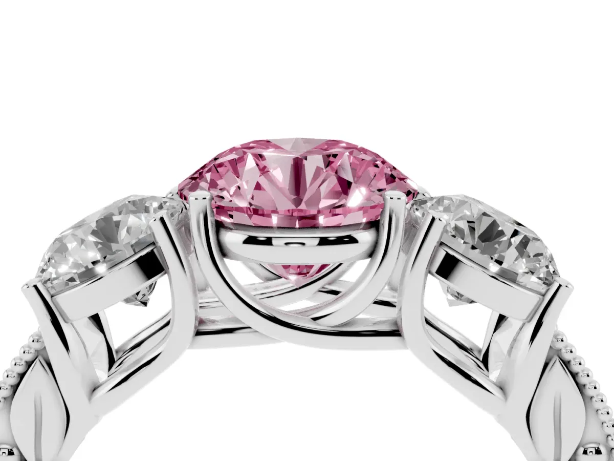 Fancy Pink Three-Stone Round Cut Cut Milgrain Pavé Engagement Ring Silver