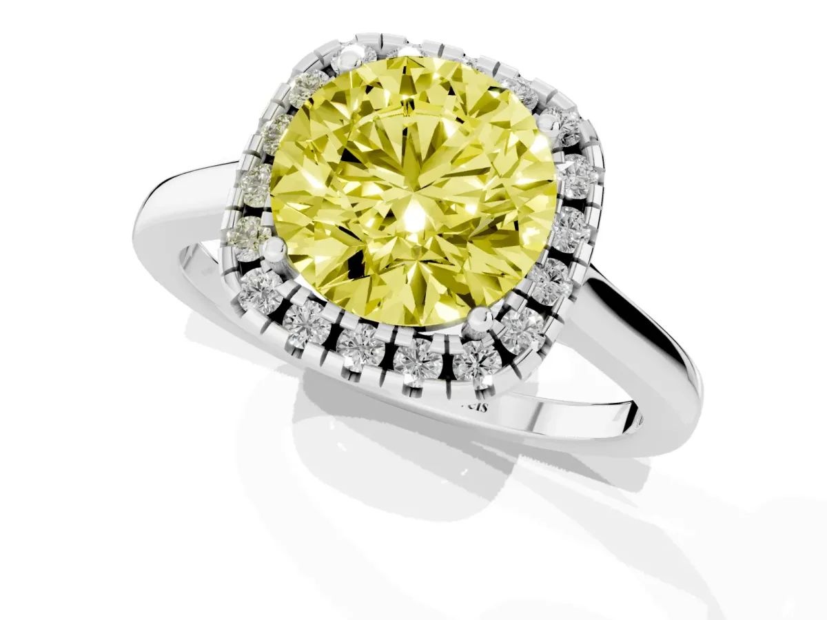 Fancy Yellow Round Cut Halo Round Diamond Solitaire Ring with Pavé Band and Four-Prong Setting Silver