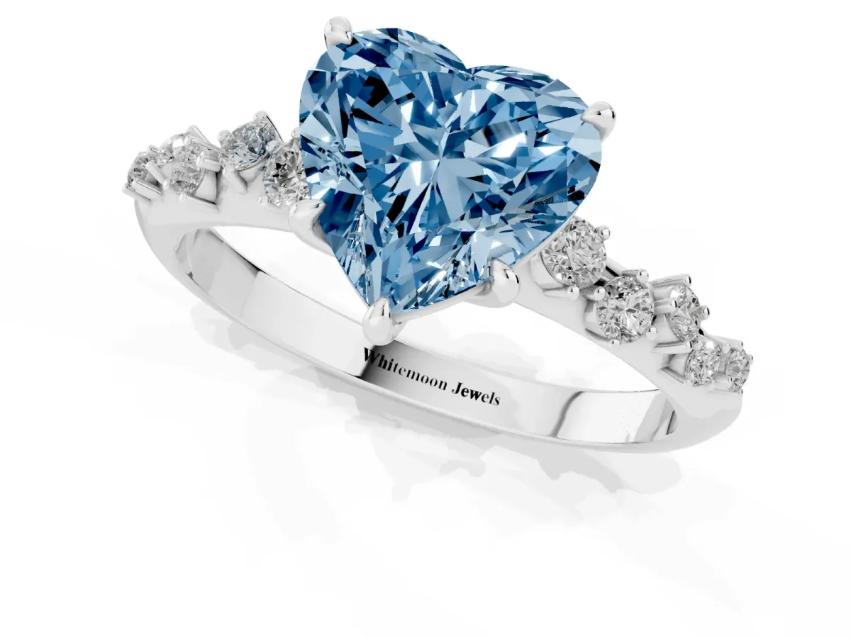 Fancy Blue Heart Cut Diamond Cluster Side Stone Solitaire Ring with Prong Setting Silver