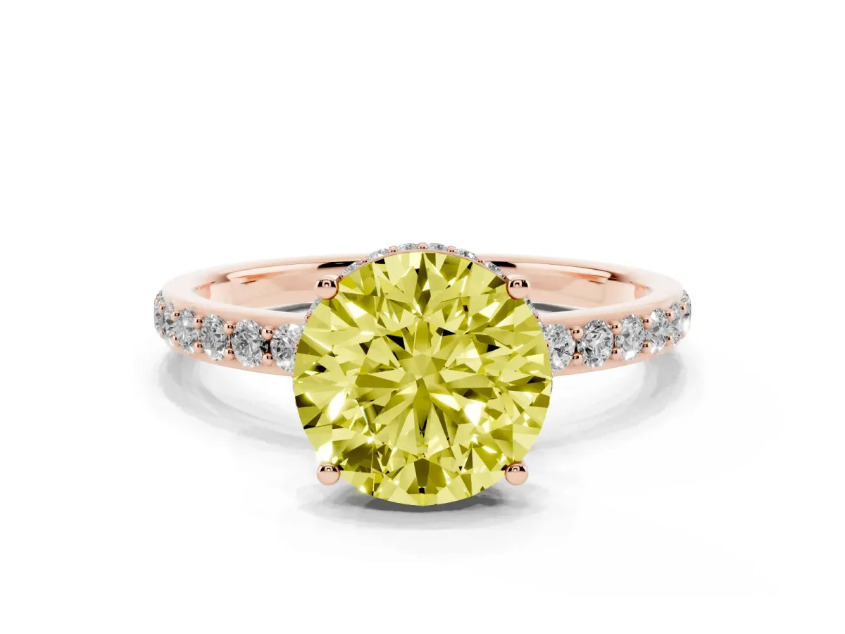 Fancy Yellow Round Cut Diamond Solitaire Ring with Pavé Band and Hidden Halo Rose gold