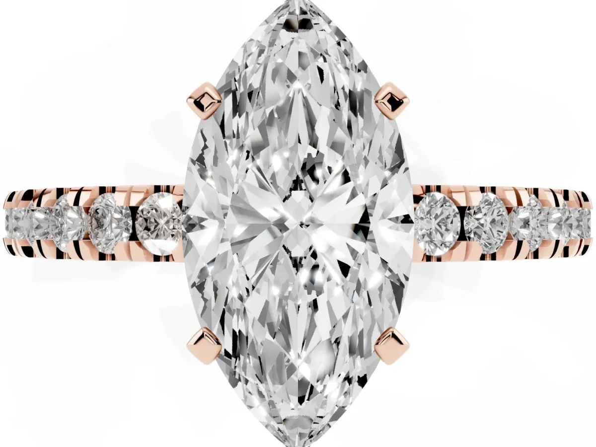 Marquise Cut Solitaire Diamond with Pavé Band and Four-Prong Setting Rose gold
