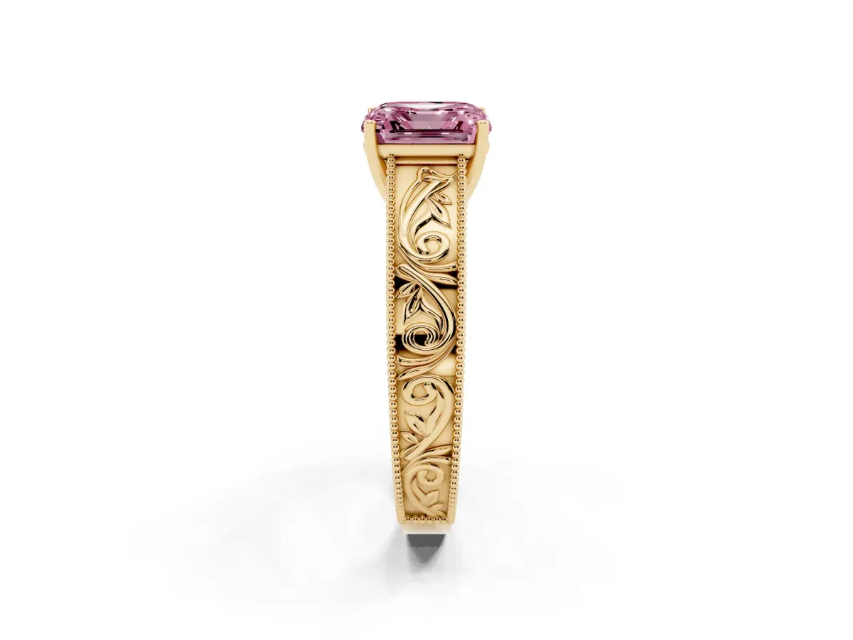 Fancy Pink Asscher Cut Diamond Solitaire Ring with Engraved Band and Four-Prong Setting Yellow gold
