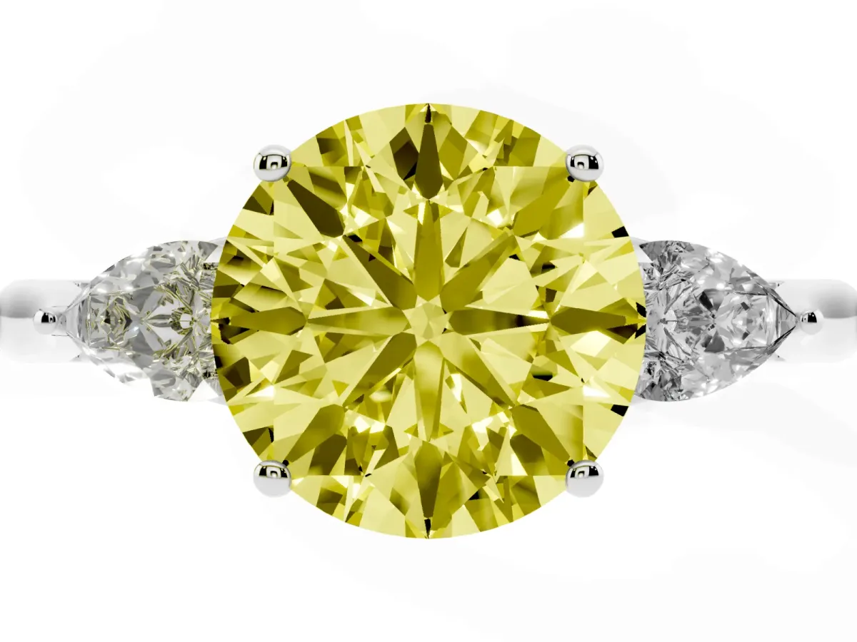 Fancy Yellow Three-Stone Round Cut Brilliant Diamond Solitaire Ring with Tapered Band and Four-Prong Setting Silver