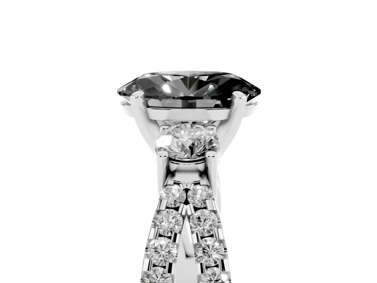 Fancy Black Oval Cut Diamond Three-Stone Ring with Pavé Split Shank and Four-Prong Setting Silver