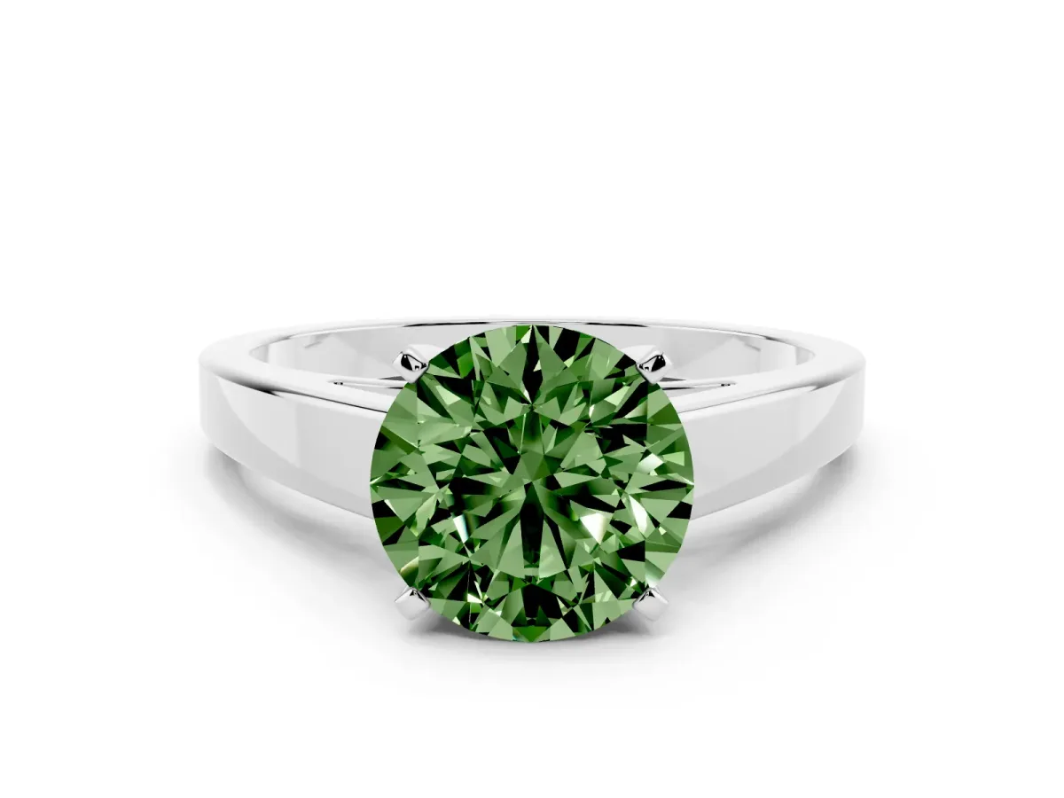 Fancy Green Round Cut Solitaire Engagement Ring with Four-Prong Setting and Tapered Band White gold