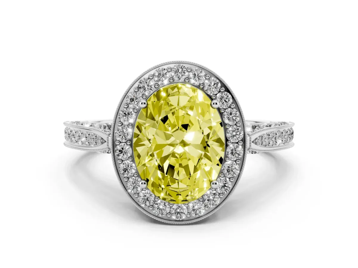 Fancy Yellow Oval Cut Halo Diamond Engagement Ring with Split Shank Band and Four-Prong Setting Silver