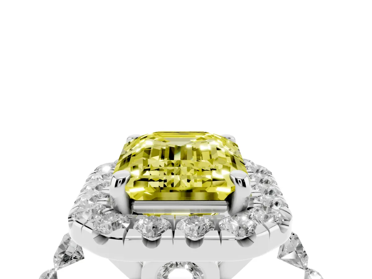 Fancy Yellow Emerald Cut Halo Pavé Diamond Engagement Ring with Four-Prong Setting White gold