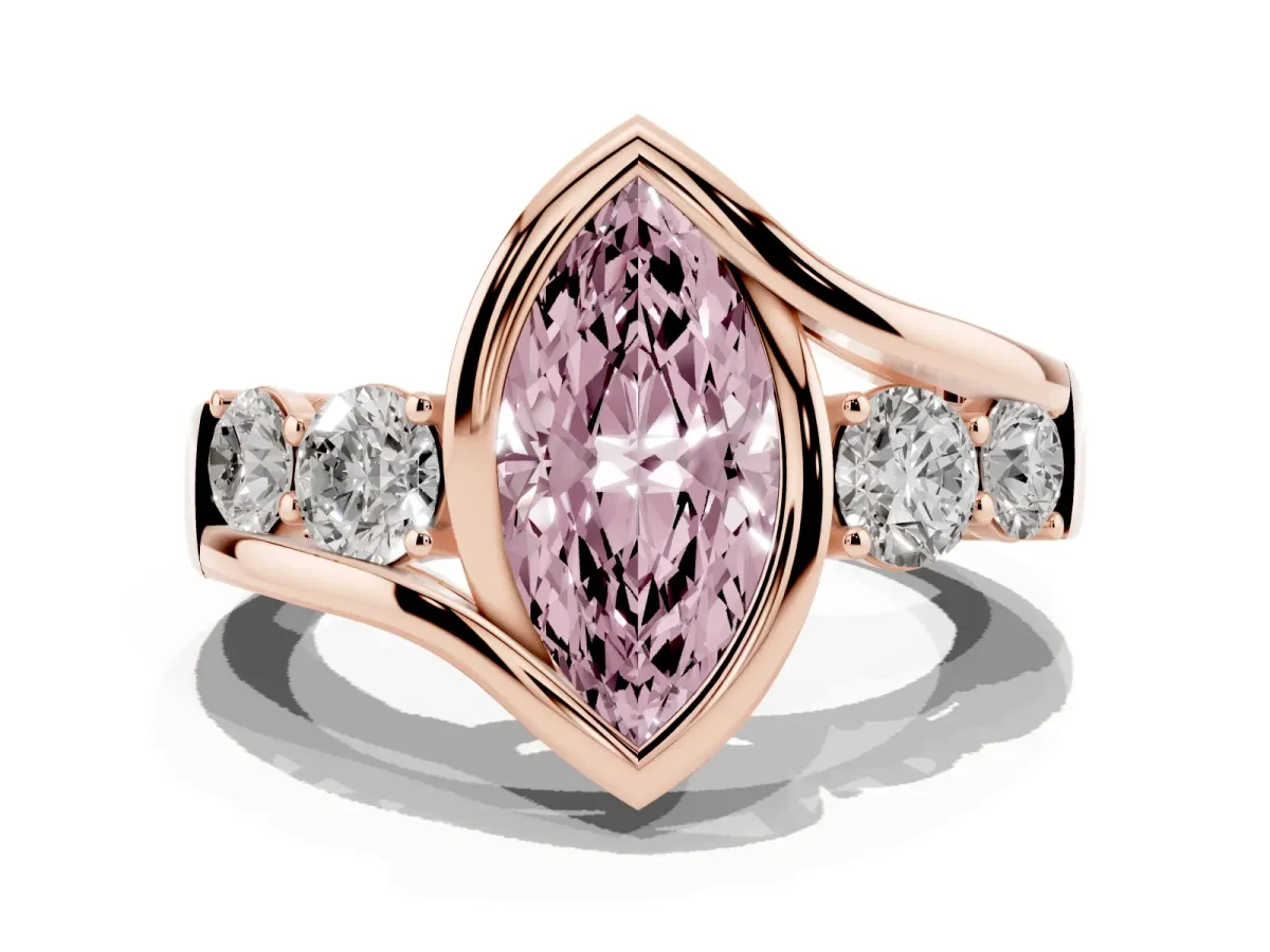 Fancy Pink Bezel Set Marquise Cut Diamond Bypass Ring with Round Accents Rose gold
