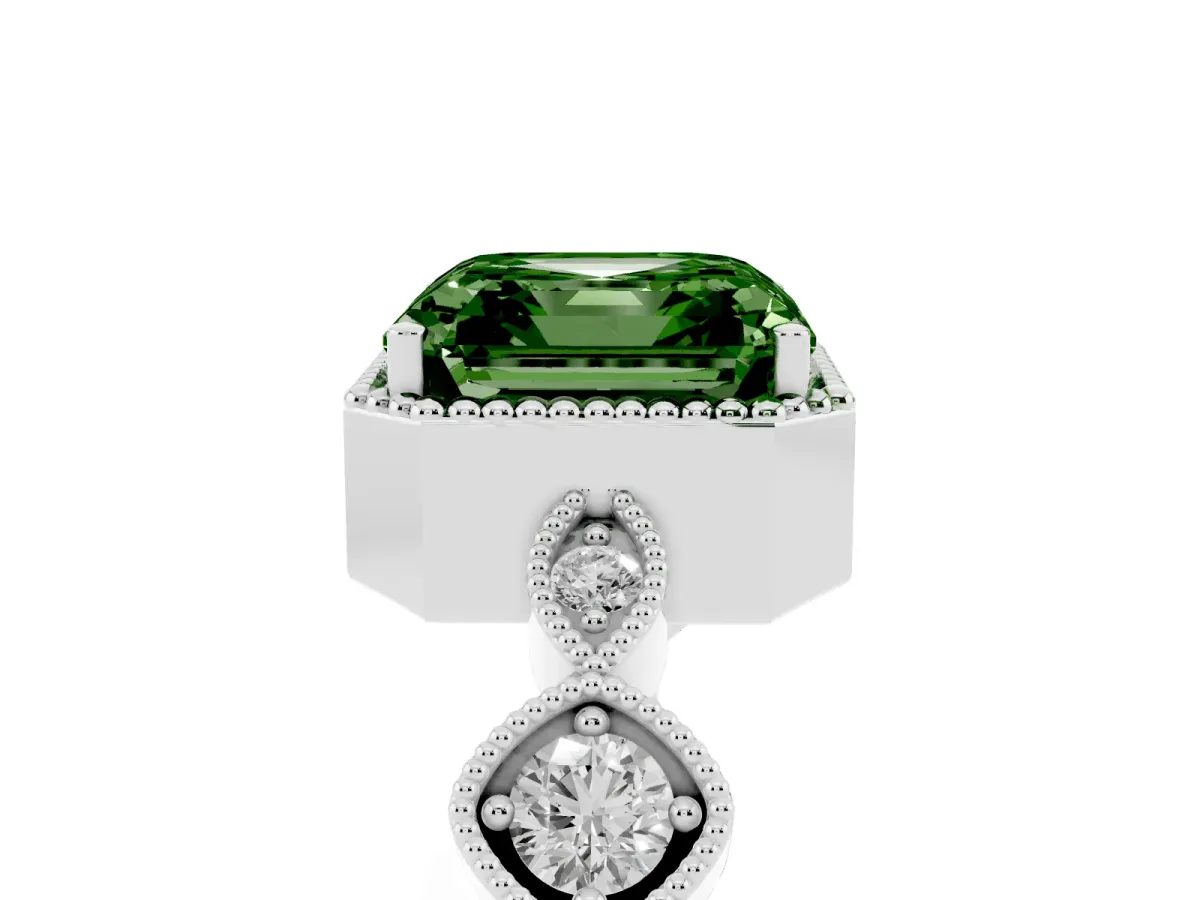 Fancy Green Asscher Cut Diamond Vintage Milgrain Ring with Round Stations Silver