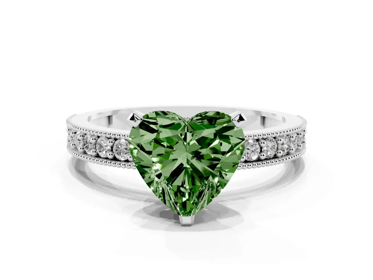 Fancy Green Heart Cut Diamond Milgrain Pavé Engagement Ring with Four-Prong Setting Silver