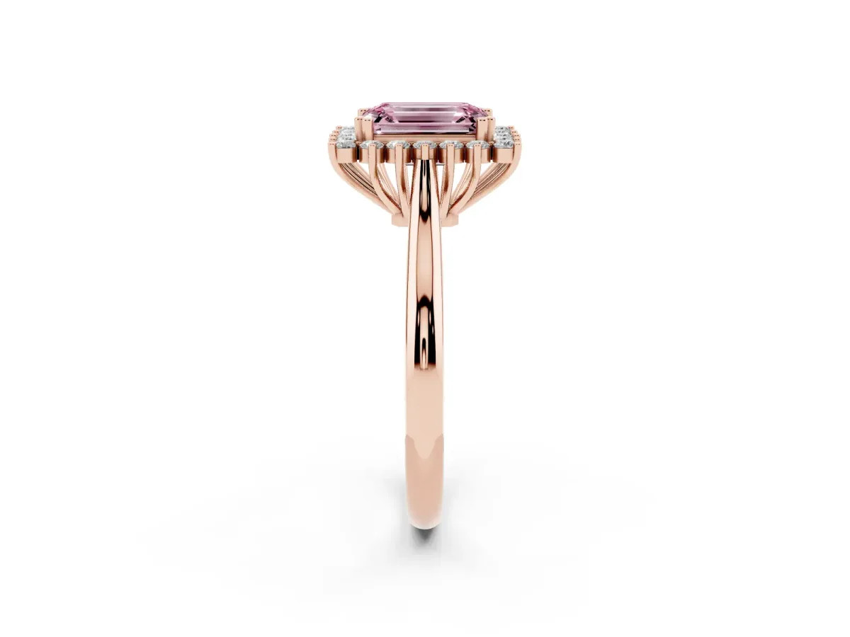 Fancy Pink Emerald Cut Cut Diamond Halo Ring with Solitaire Band and Prong Setting Rose gold