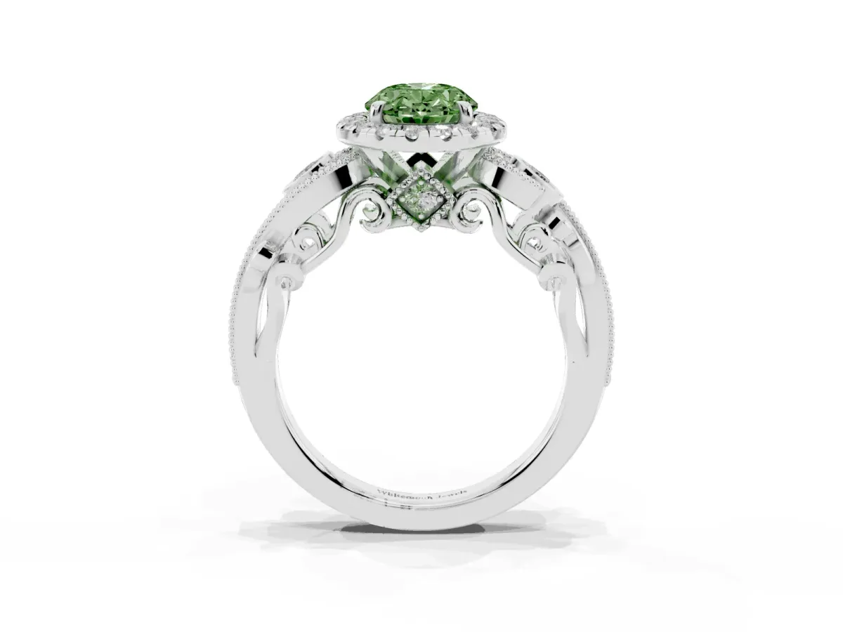Fancy Green Oval Cut Halo Diamond Ring with Milgrain and Bezel Accents on a Split Shank Band White gold