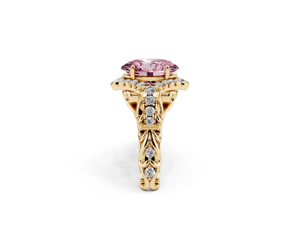 Fancy Pink Oval Cut Diamond Solitaire Ring with Hidden Halo and Pavé Band Yellow gold