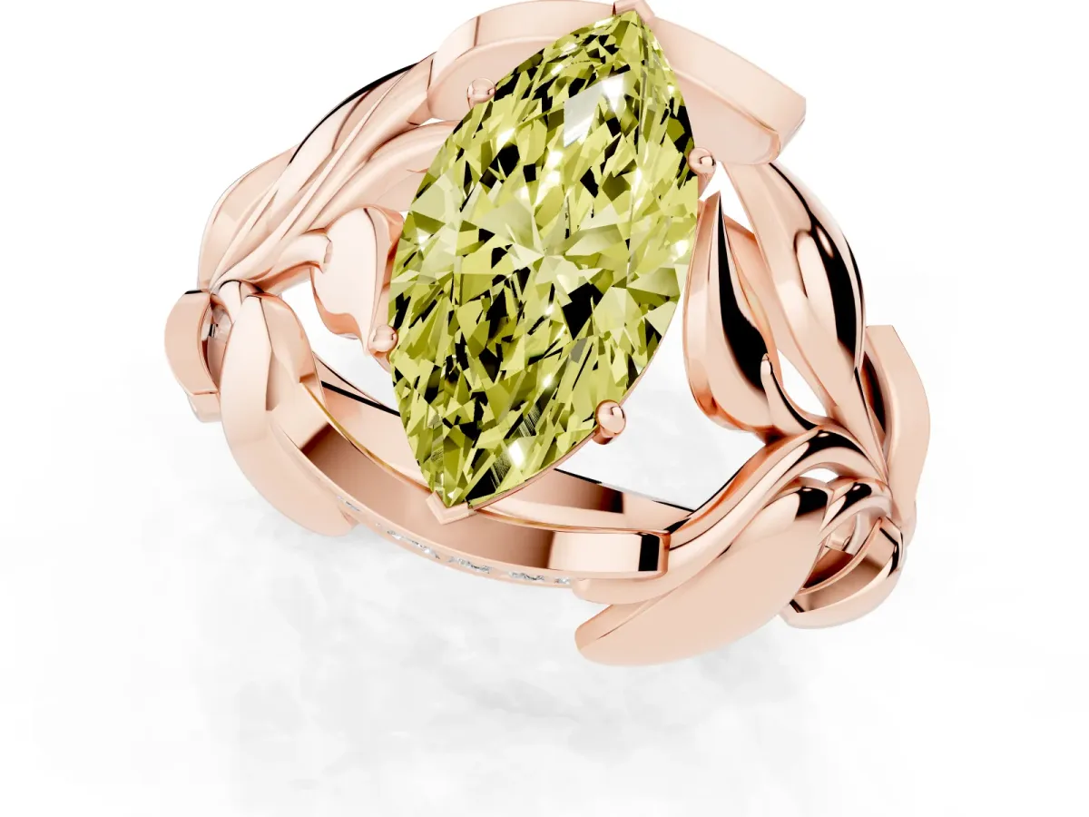 Fancy Yellow Marquise Cut Diamond Leaf-Inspired Engagement Ring with Round Accents and Prong Setting Rose gold