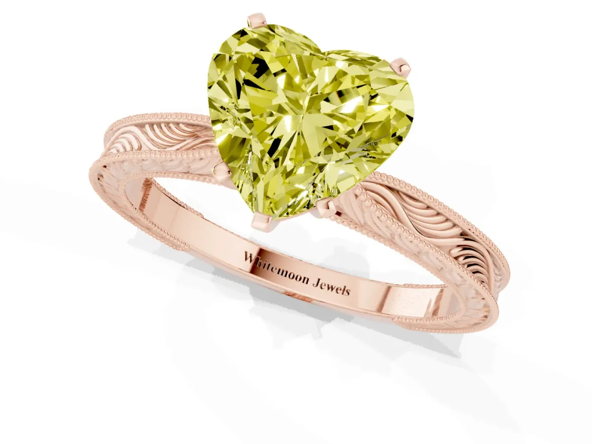 Fancy Yellow Heart Cut Solitaire Milgrain Engraved Band with Four-Prong Setting Rose gold