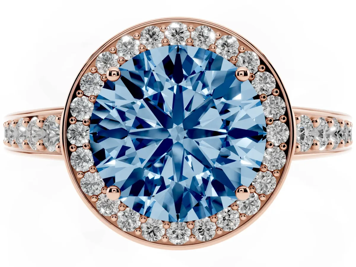 Fancy Blue Round Cut Halo Pavé Diamond Engagement Ring with Bezel Setting Rose gold