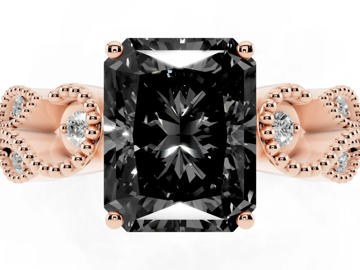 Fancy Black Princess Cut Solitaire Milgrain Leaf Band with Prong Setting Rose gold