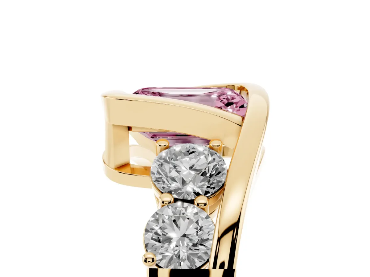 Fancy Pink Bezel Set Emerald Cut Diamond Bypass Ring with Round Accents Yellow gold