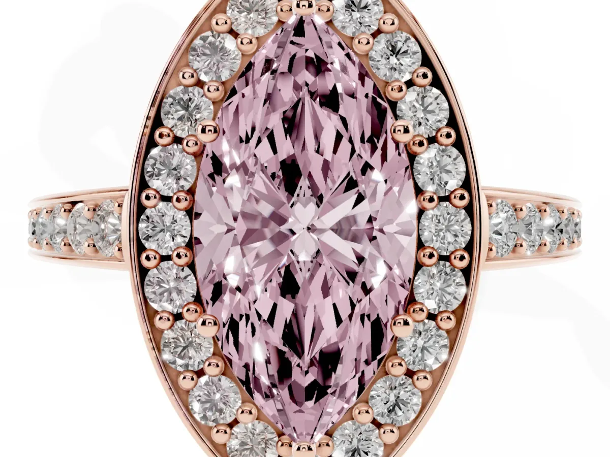 Fancy Pink Marquise Cut Halo Pavé Diamond Engagement Ring with Bezel Setting Rose gold