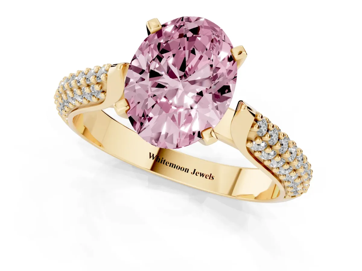 Fancy Pink Oval Cut Diamond Solitaire Engagement Ring with Multi-Row Round Pavé Band and Prong Setting Yellow gold