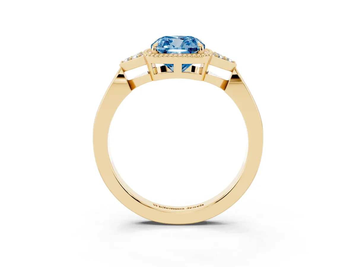Fancy Blue Cushion Cut Diamond Halo Ring with Tapered Band and Four-Prong Setting Yellow gold