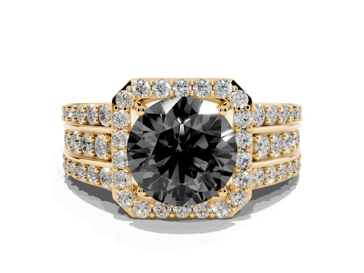 Fancy Black Round Cut Halo Diamond Ring with Round Split Shank and Prong Setting Yellow gold