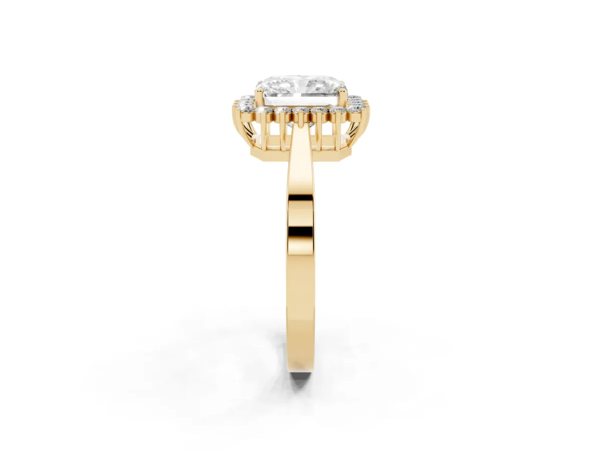 Radiant Cut Cut Diamond Halo Ring with Round Brilliant Halo and Solitaire Band Yellow gold